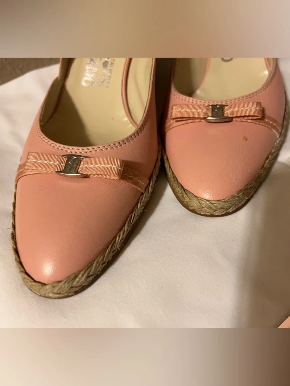 Salvatore Ferragamo 7 1/2 C  Pink Leather Bow Espadrille Wedges Shoes Pumps - Picture 3 of 13